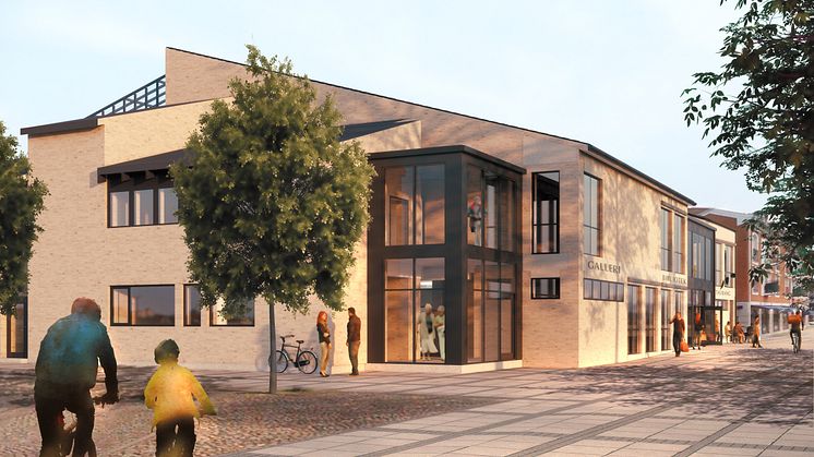 Visionsskiss av nya Stadsbiblioteket sett från Norra Kyrkogatan