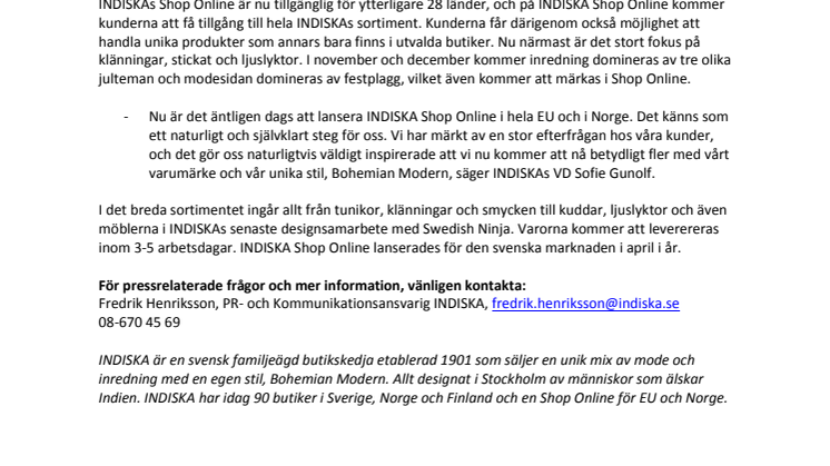 INDISKA öppnar Shop Online för EU och Norge  