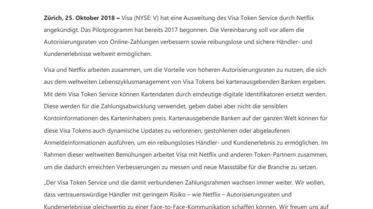 Visa baut Tokenisation-Partnerschaft mit Netflix aus, um das globale digitale Bezahlerlebnis zu verbessern