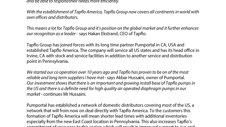 Tapflo expands into US market - Tapflo America