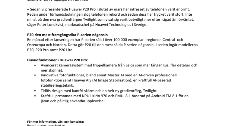 Stort intresse och enorm efterfrågan: Huawei P20 Pro slår försäljningsrekord