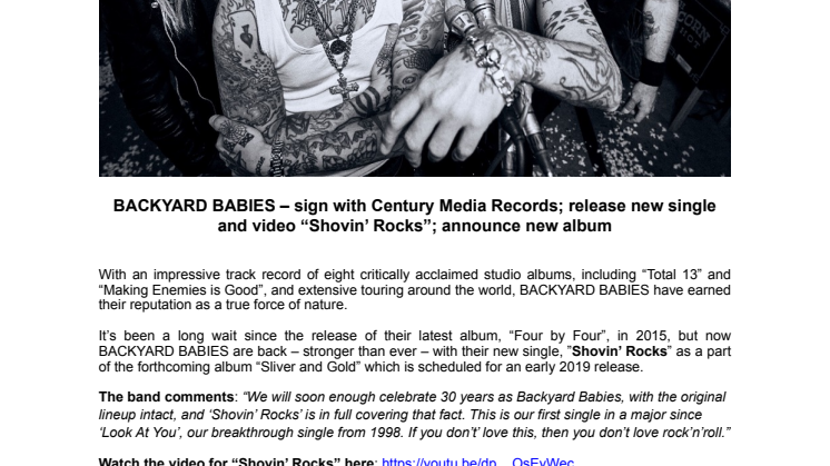 BACKYARD BABIES - signar med Century Media Records och släpper nya singeln "Shovin' Rocks"