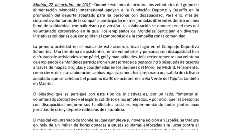 Mondelez celebra su mes de voluntariado junto a Fundación Deporte y Desafío
