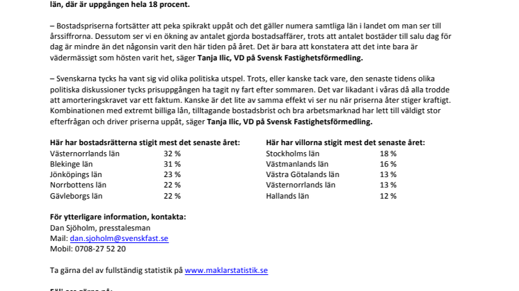 Kommentar till Svensk Mäklarstatistik: ”Het höst även på bostadsmarknaden”