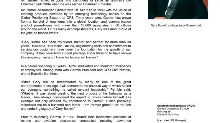 Garmin announces passing of Co-founder and Chairman Emeritus Gary Burrell  