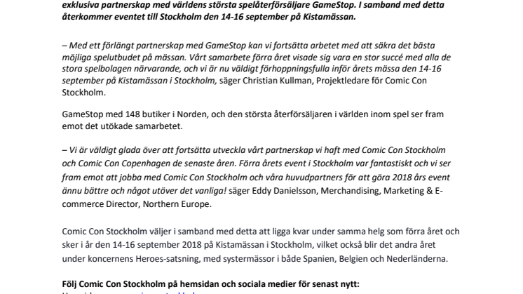 ​Comic Con Stockholm förlänger sitt partnerskap med GameStop över 2018