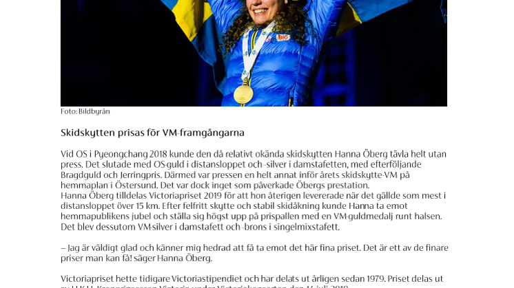 Hanna Öberg tilldelas Victoriapriset 2019