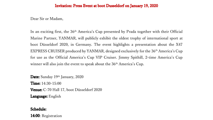 Invitation: Press Event at boot Dusseldorf on January 19, 2020