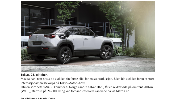 Mazda MX-30: Elektrisk verdenspremiere i Tokyo