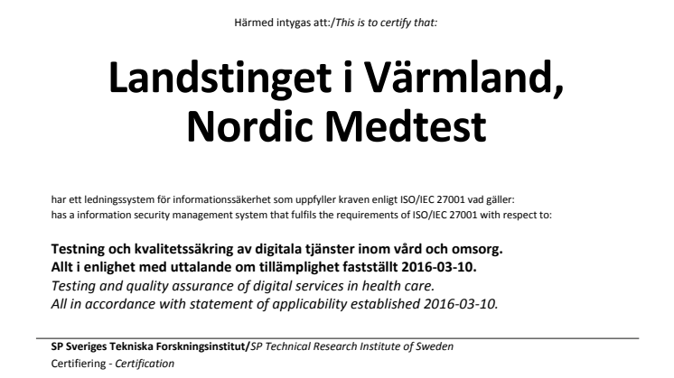 ISO 27001 Certifikat Nordic Medtest
