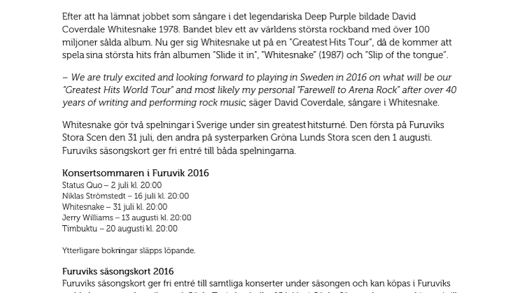 Whitesnake tar sin greatest hitsturné till Furuvik