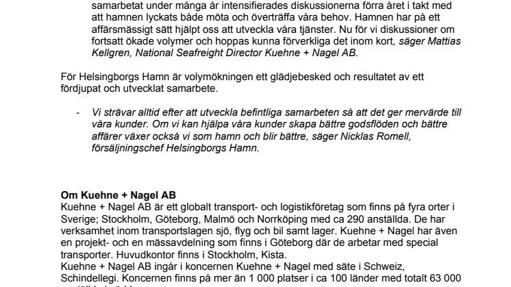 Kuehne + Nagel AB utökar containervolymer via Helsingborgs Hamn