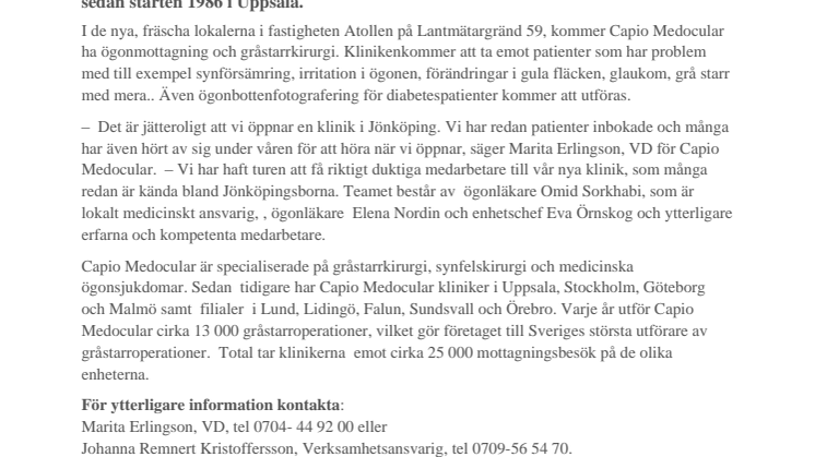 Capio Medocular öppnar ny ögonklinik i Jönköping