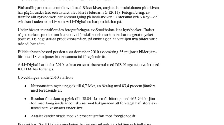 Arkiv Digital AD AB, Bokslutskommuniké 2010