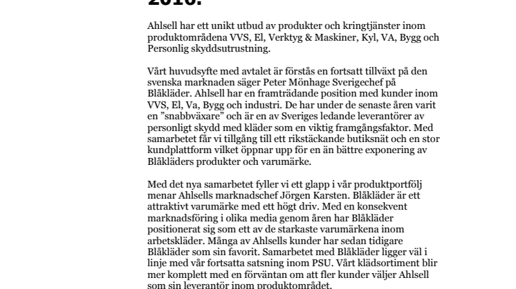 BLÅKLÄDER INLEDER SAMARBETE MED AHLSELL