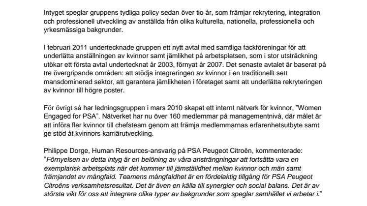 PSA Peugeot Citroëns intyg om jämställdhet på arbetsplatsen förnyat