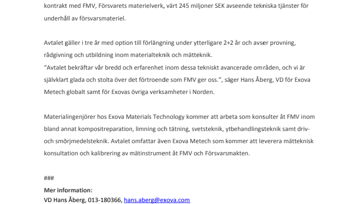 Nytt försvarskontrakt till Exova