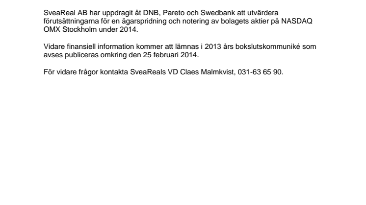 SveaReal utvärderar ägarspridning och notering
