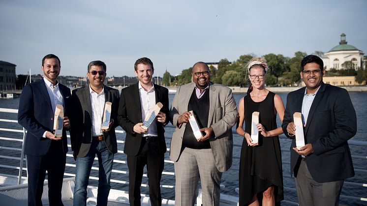 Six outstanding innovators from three continents celebrate becoming  finalists in the second Imagine H2O Urban Water Challenge at a reception in Stockholm, Sweden