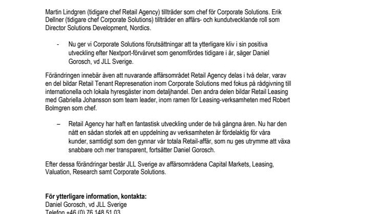 JLL stärker erbjudandet – växlar upp Corporate Solutions samt utvecklar erbjudandet inom Retail 
