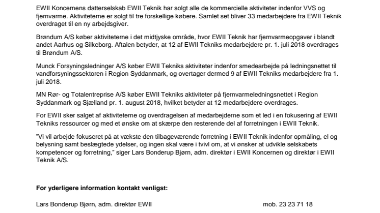 EWII Teknik sælger alle kommercielle VVS og fjernvarmeaktiviteter