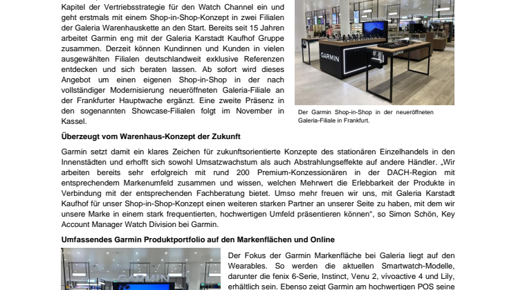 Pressemitteilung Garmin Shop-in-Shop Galeria