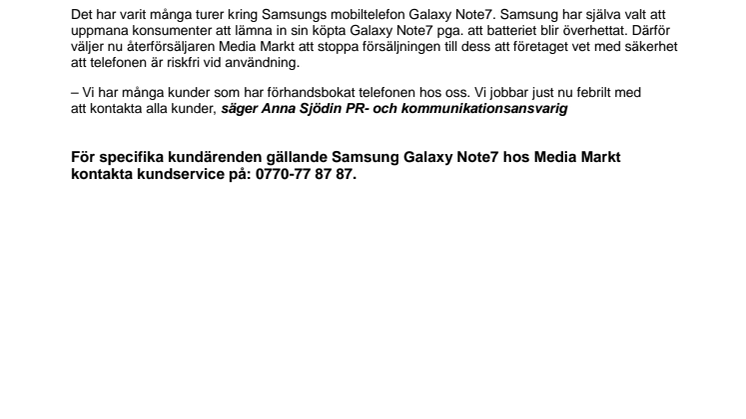 Media Markt stoppar all försäljning av Samsung Galaxy Note7