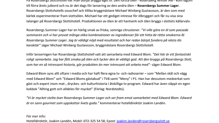 Rosersbergs Slottshotell lanserar ny öl - Rosersbergs Summer Lager