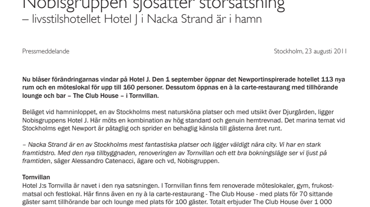Nobisgruppen sjösätter storsatsning – livsstilshotellet Hotel J i Nacka Strand är i hamn