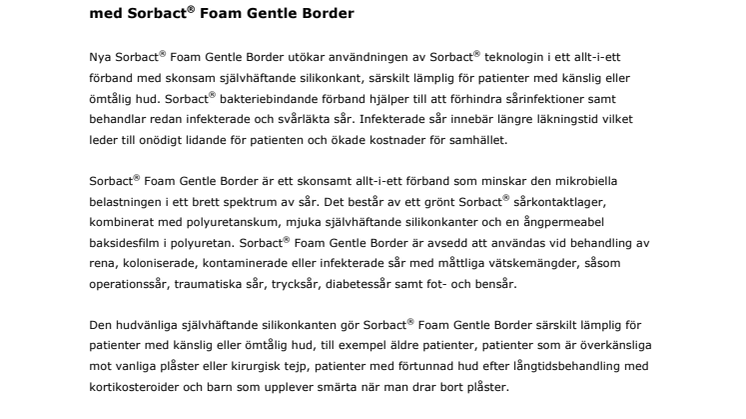 ABIGO Medical breddar sitt utbud av infektionsförebyggande förband med Sorbact® Foam Gentle Border