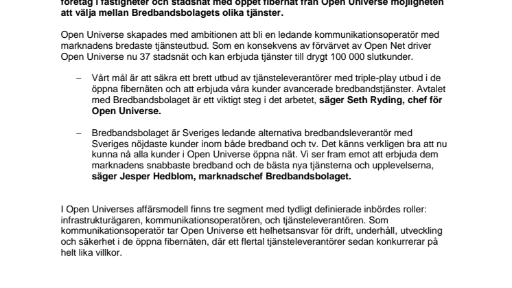 Open Universe tecknar avtal med Bredbandsbolaget