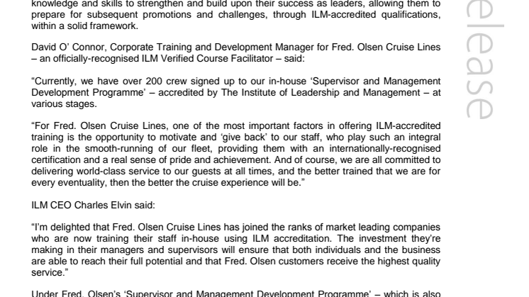 Fred. Olsen Cruise Lines invests in staff through training partnership with The Institute of Leadership and Management