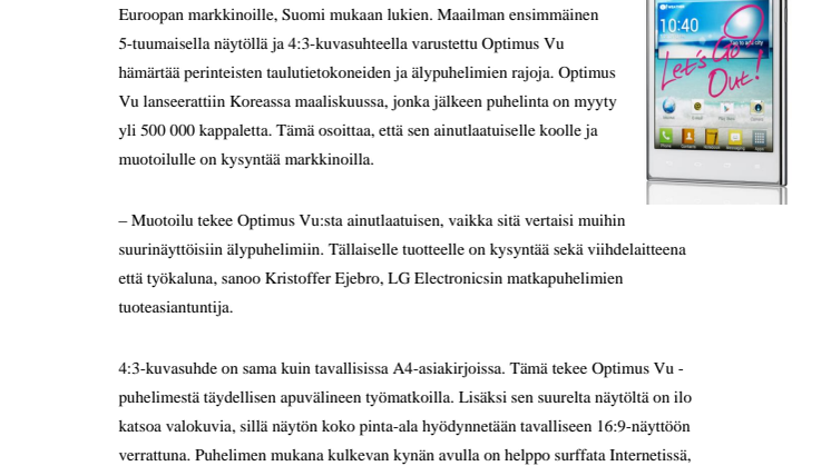 LG OPTIMUS VU – AINUTLAATUINEN ÄLYPUHELIN LANSEERATAAN SUOMESSA 