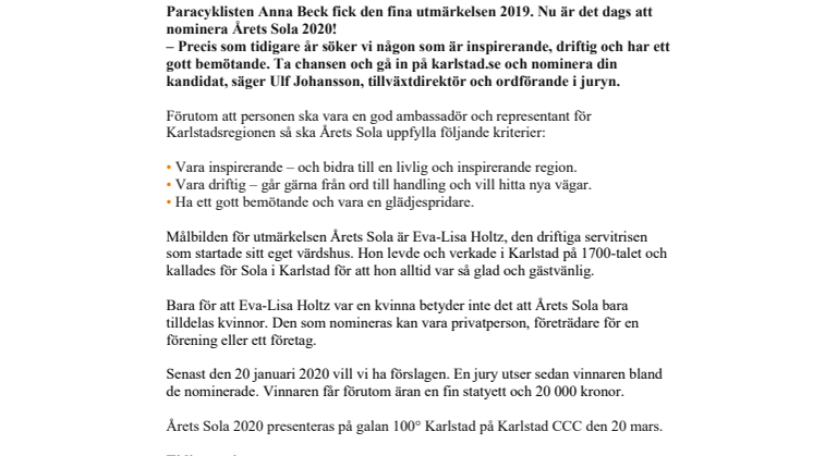 ​Vem blir Årets Sola 2020? Dags att nominera din favorit!