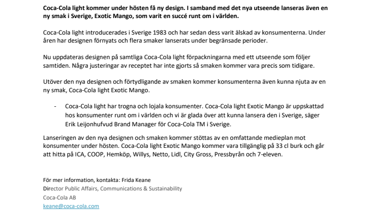 Coca-Cola light® kommer med ny design och mangosmak