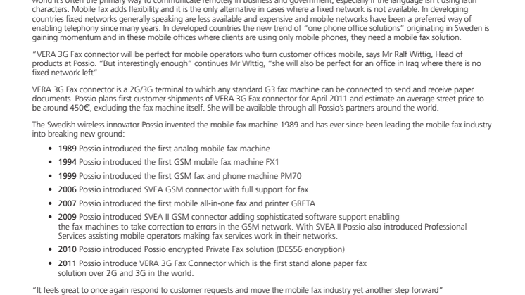 Possio announce the first combined 2G and 3G stand alone paper fax solution