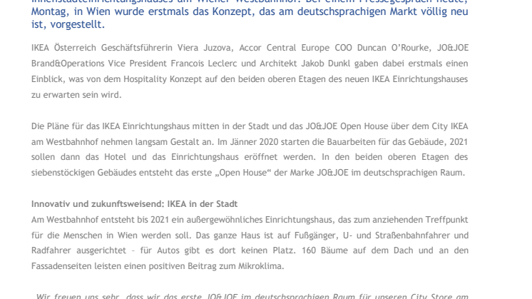 Innovatives Hospitality-Konzept für IKEA am Wiener Westbahnhof: JO&JOE kommt nach Österreich