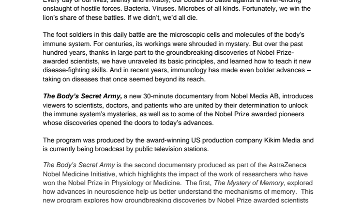 The Body’s Secret Army Premieres on Public Television Stations