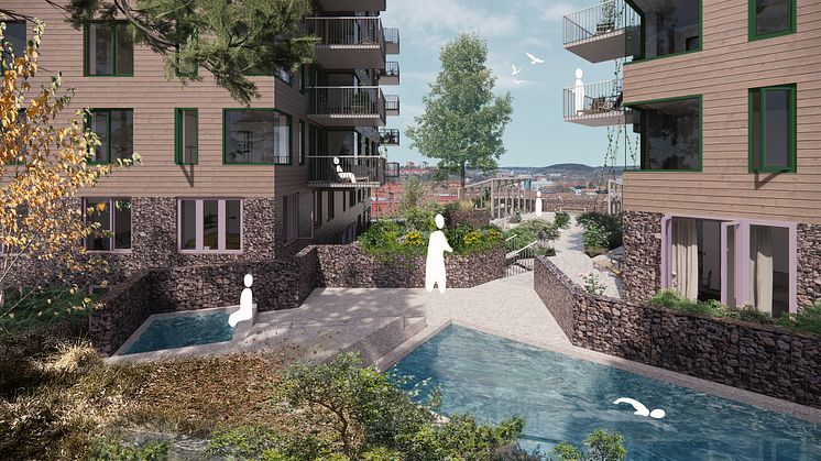 Illustrationsbild av Brf Hackspetts pool med innergård i bakgrunden.
