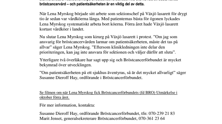 Bristande patientsäkerhet oroar Bröstcancerförbundet