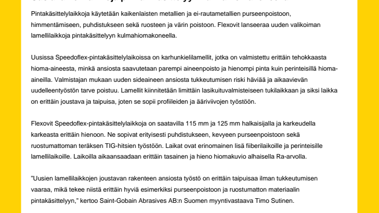 Uusia lamellilaikkoja pinnan käsittelyyn kulmahiomakoneella