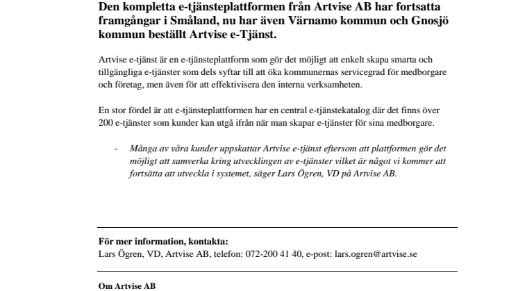 Artvise e-Tjänst till Värnamo kommun och Gnosjö kommun!