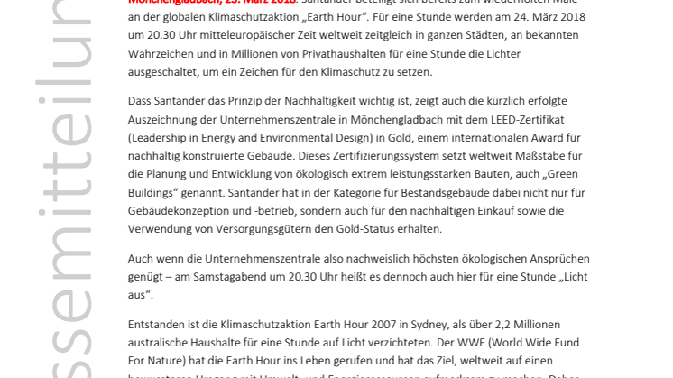 Licht aus, Klimaschutz an: Santander beteiligt sich an Earth Hour 2018