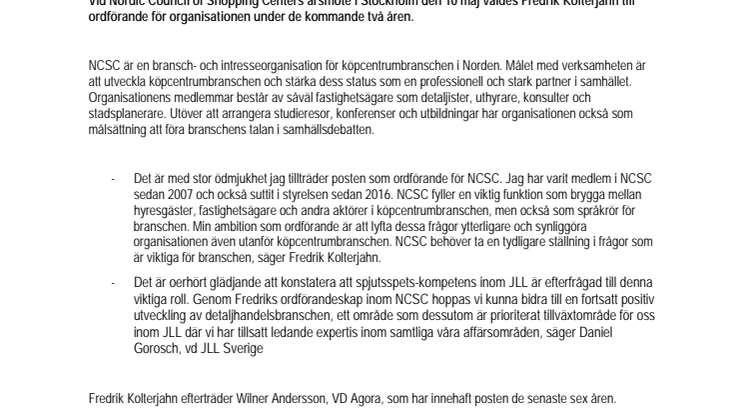 Fredrik Kolterjahn, Head of Research på JLL, blir ny ordförande i Nordic Council of Shopping Centers (NCSC)