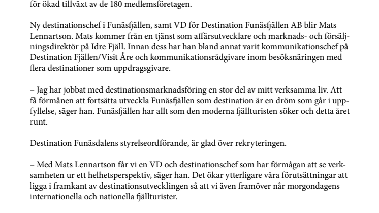 Mats Lennartson ny VD för Destination Funäsfjällen