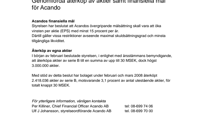 Genomförda återköp av aktier samt finansiella mål för Acando