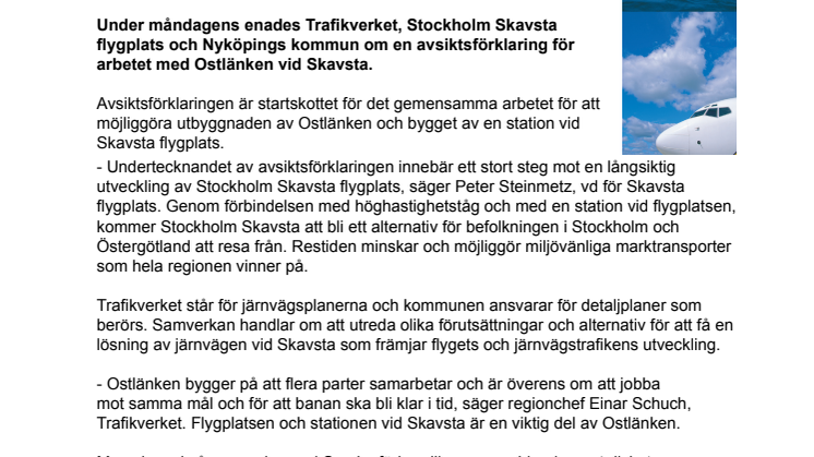 Samverkar om planeringen av Ostlänken  vid Stockholm Skavsta flygplats