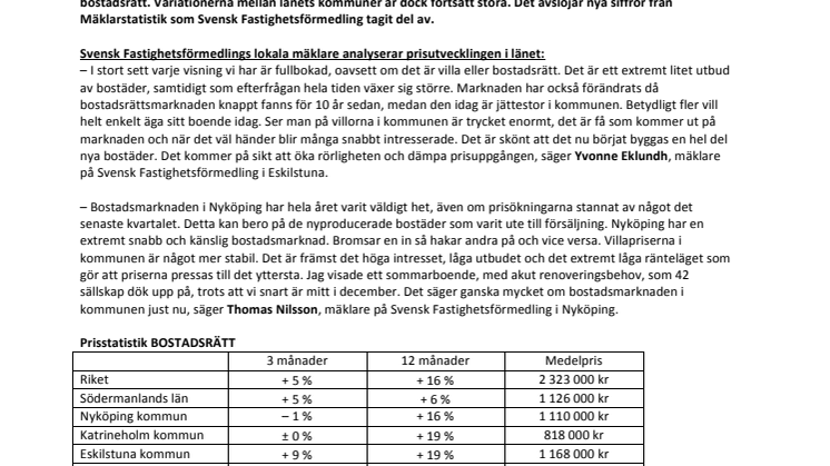 Fortsatt stigande bostadspriser i Södermanland