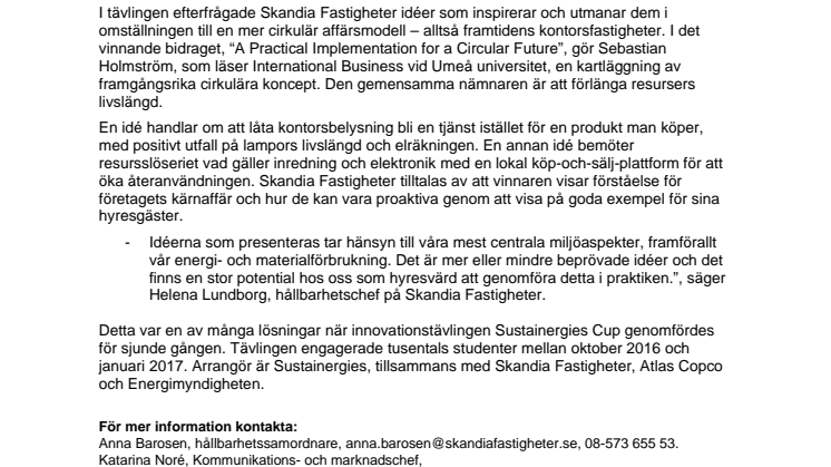 Vinnaren i Sustainergies Cup tar Skandia Fastigheter ett steg närmare det cirkulära kontoret