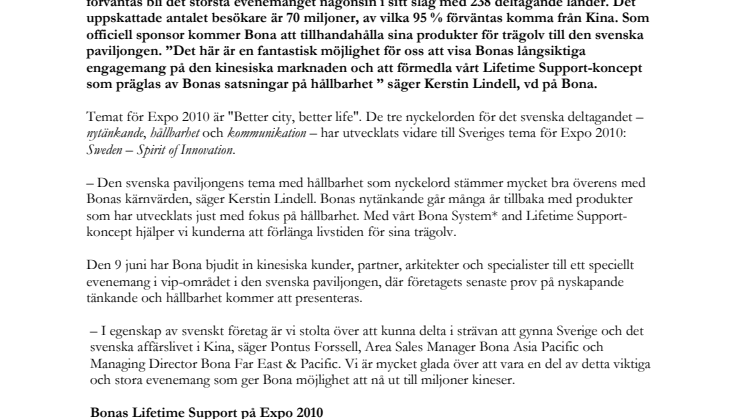 Bona officiell sponsor av World Expo 2010 